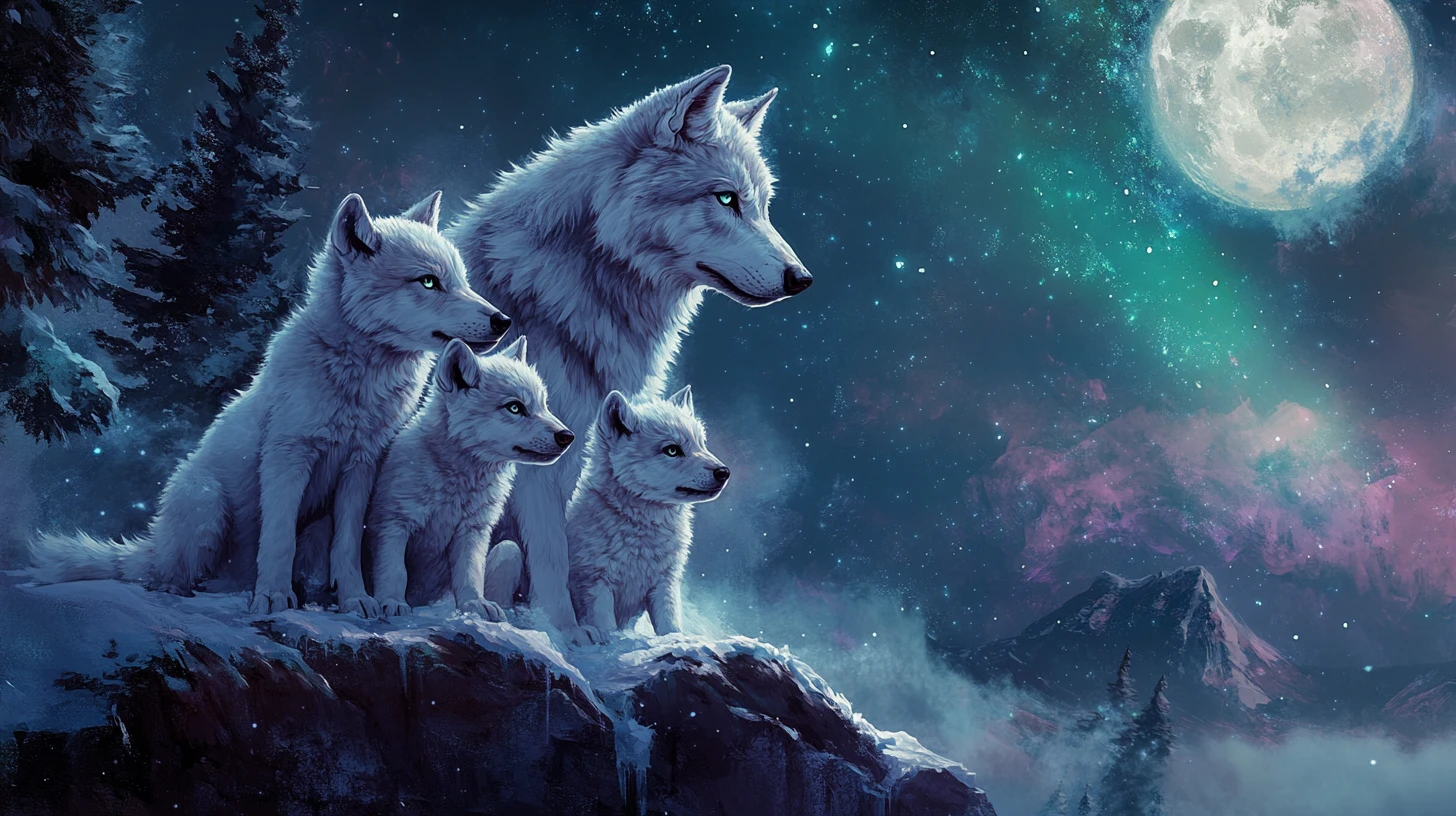Família de lobos em aquarela aninhada em uma crista nevada ao luar