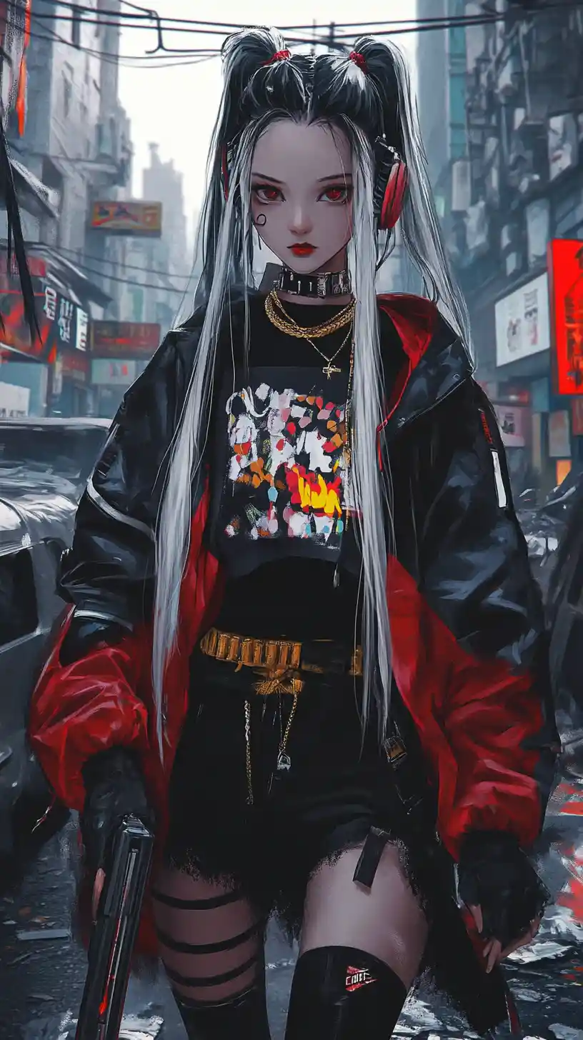Ragazza anime che cammina in una strada cittadina in rovina illuminata al neon