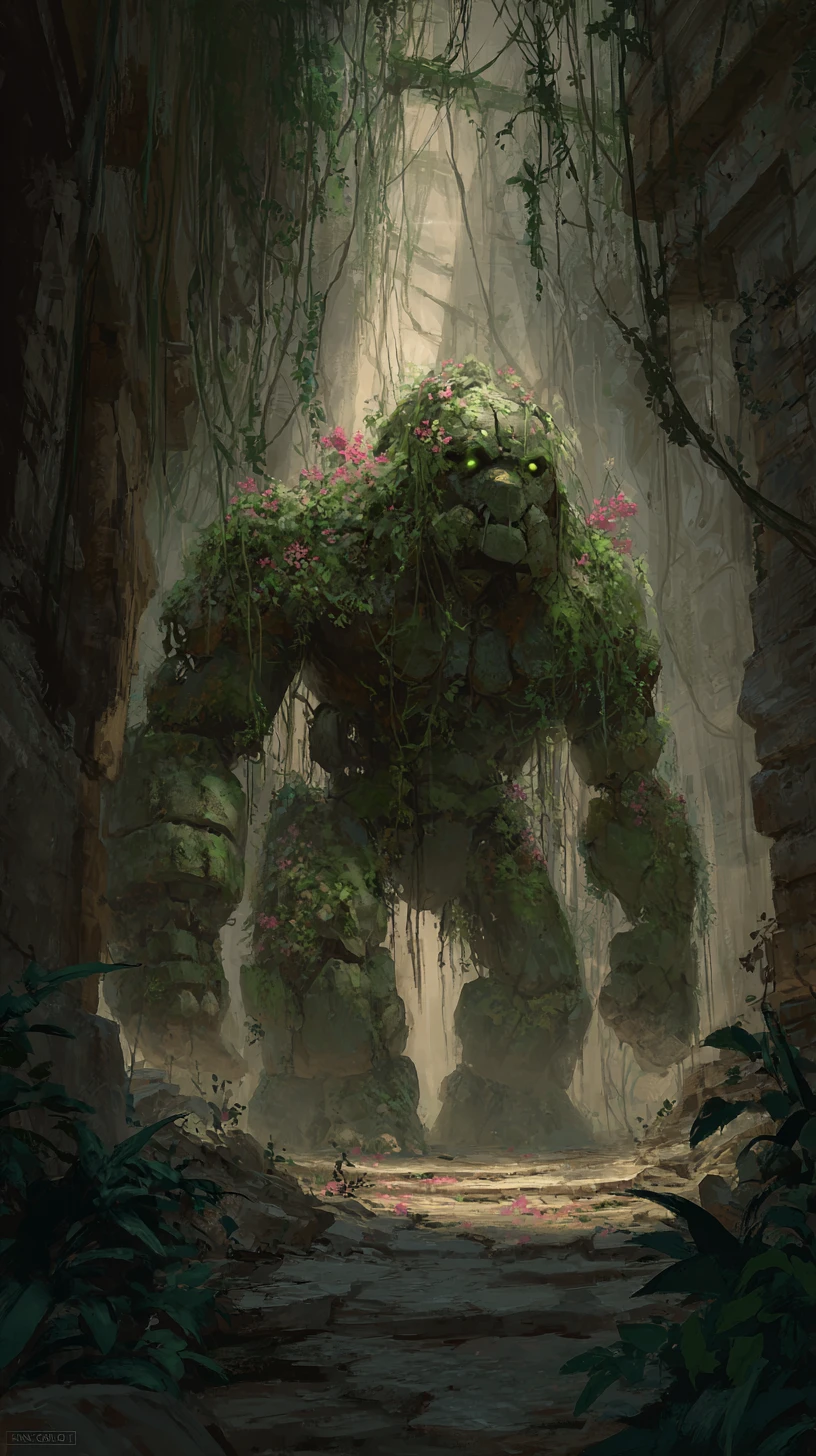 Antigo golem de pedra despertando em um templo na selva