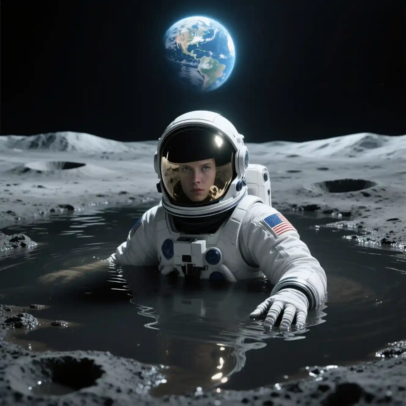 黑暗月球泥地上站立的太空人與頭頂的地球