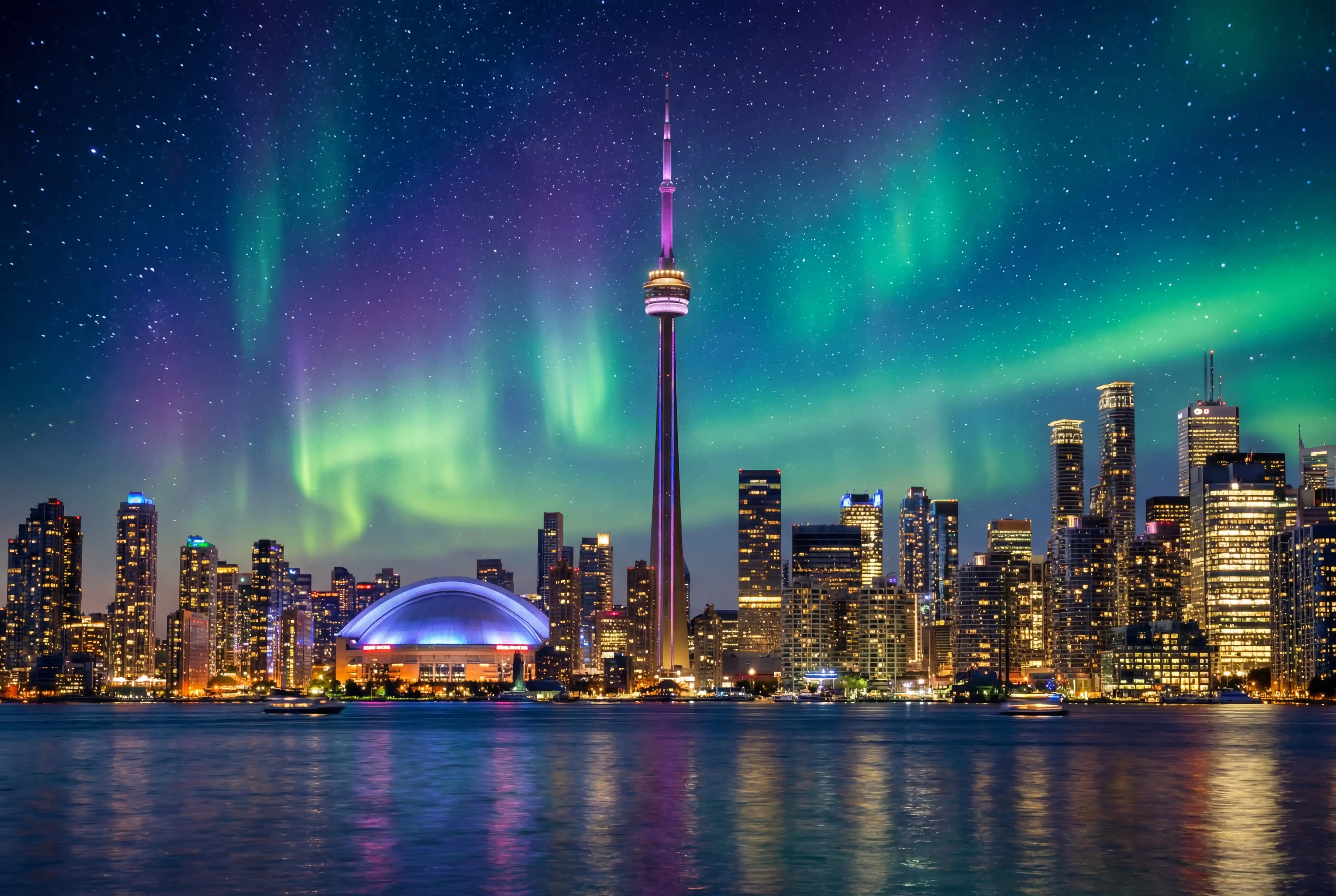 Paysage urbain de Toronto de nuit sous des aurores boréales lumineuses