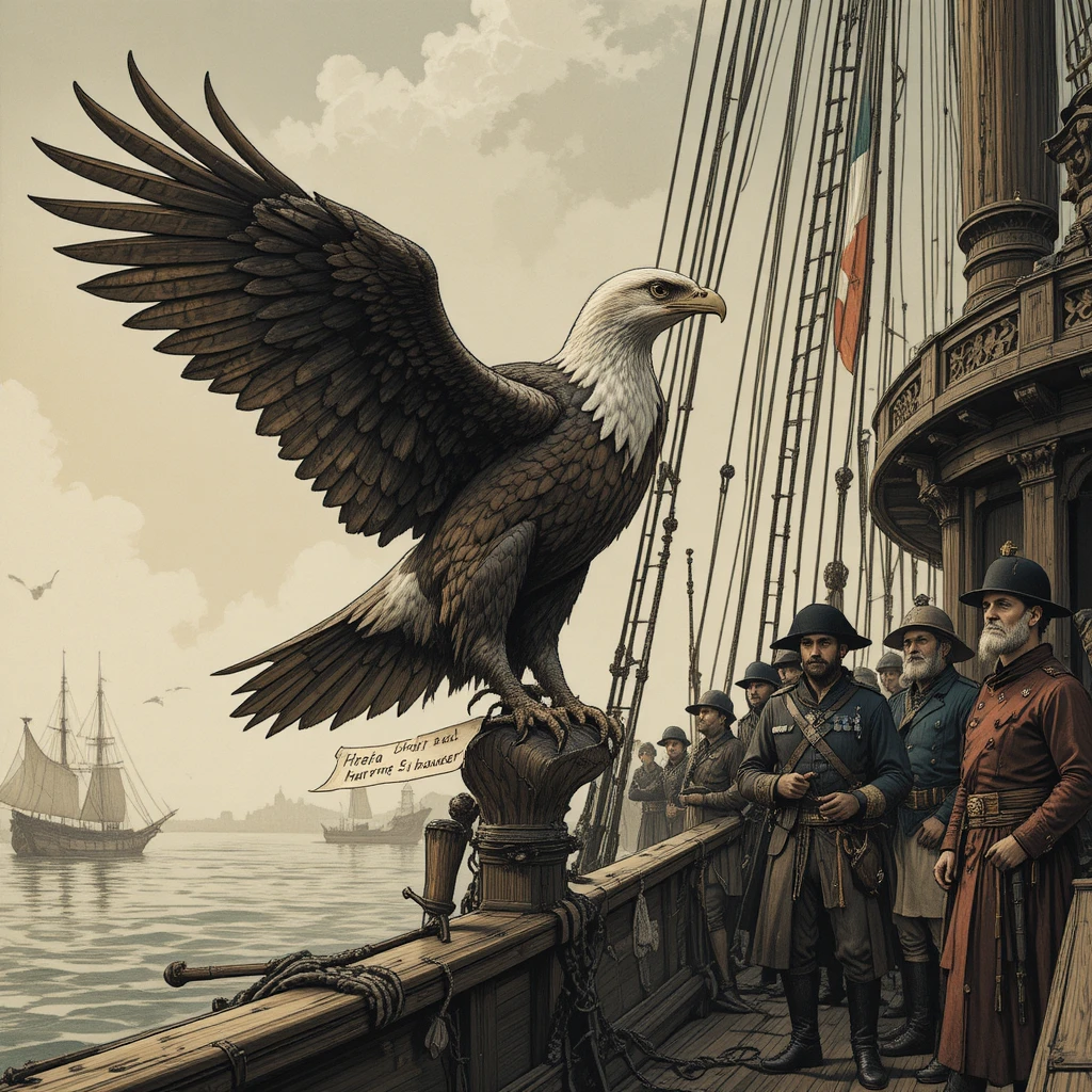 Águila Mensajera en un Barco Histórico del Puerto con el Capitán