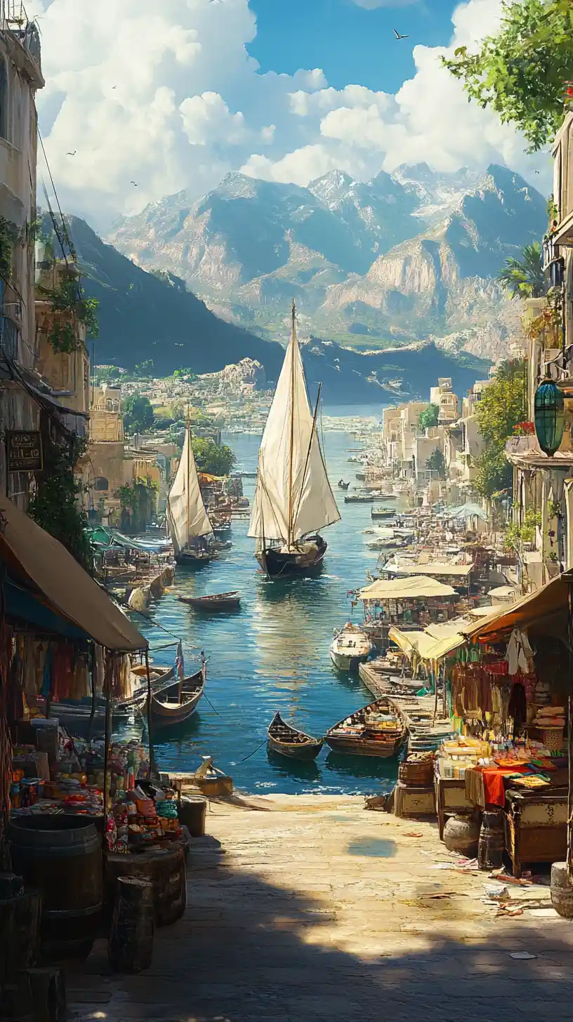 Escena callejera de anime en una ciudad árabe con barcos en el canal
