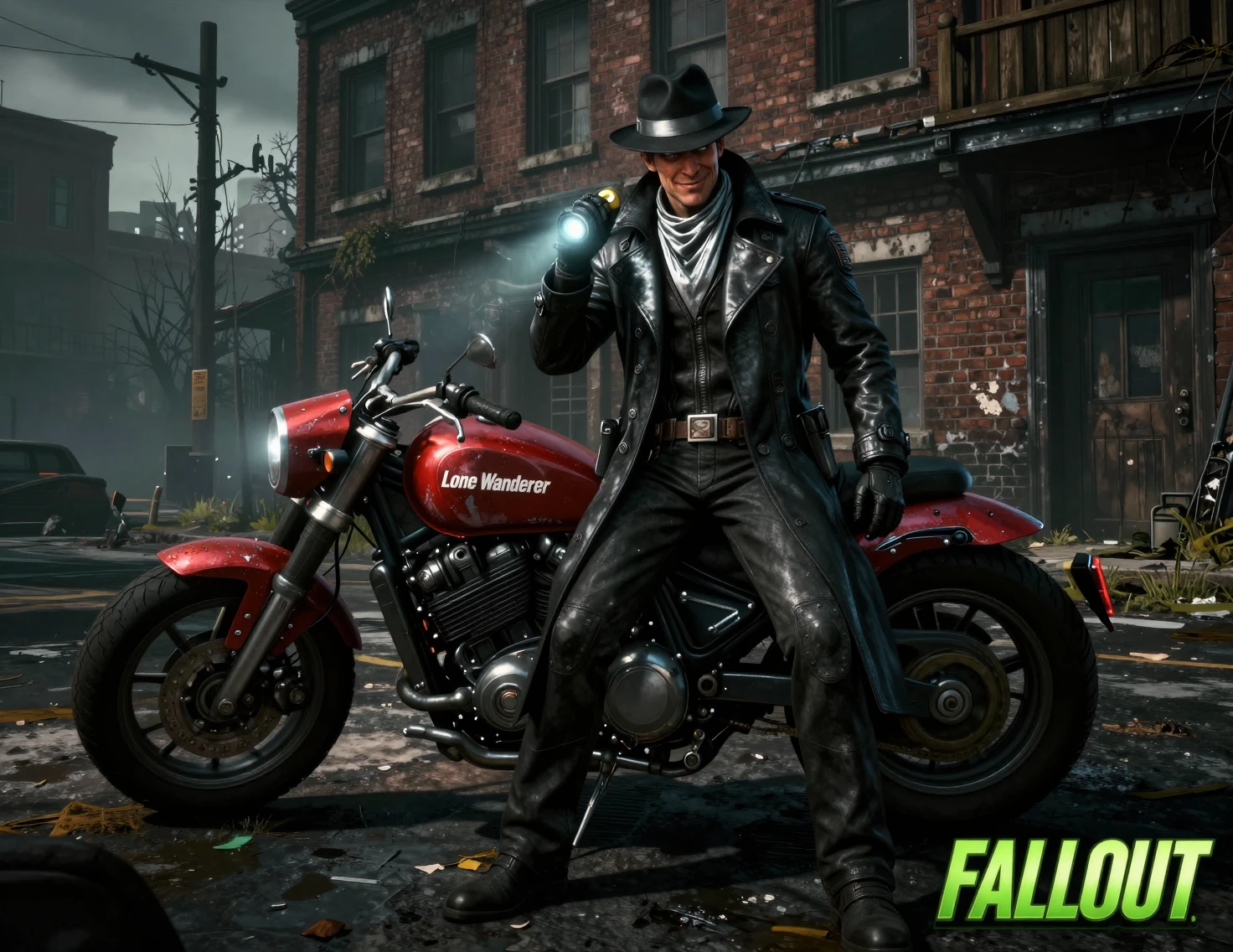 Detective de ciencia ficción con motocicleta en calle de ciudad en ruinas