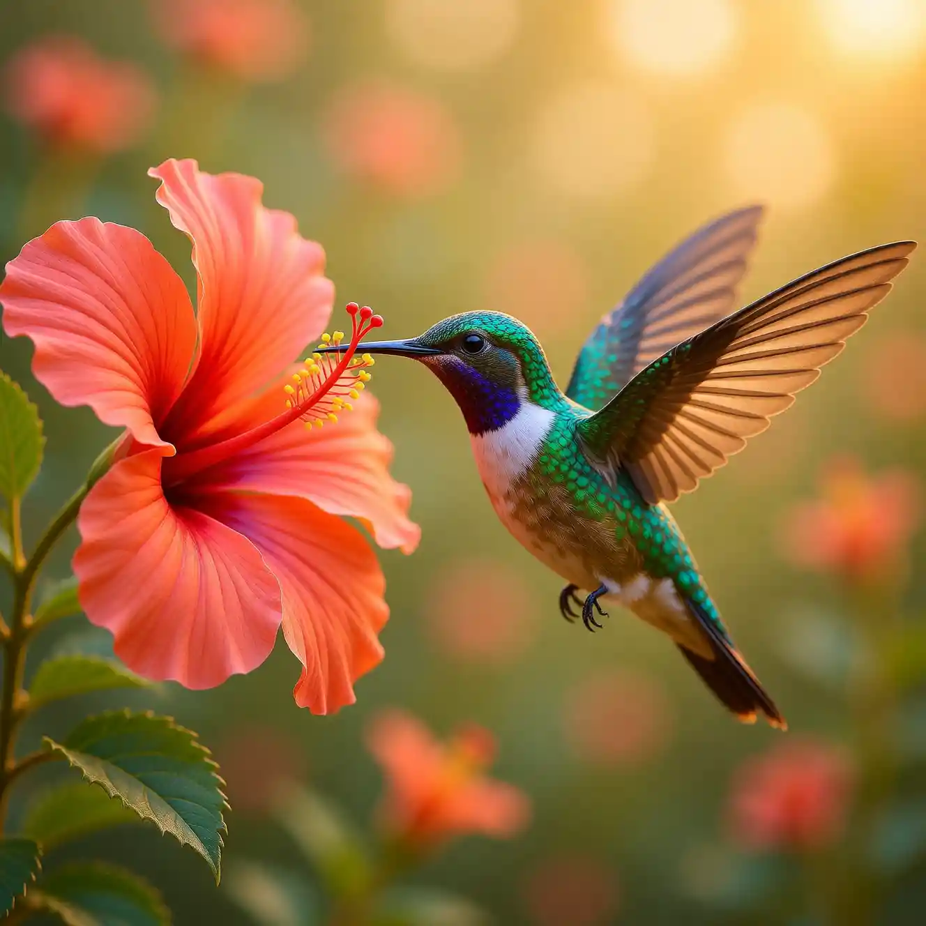 Iridescent hummingbird sipping nectar from coral hibiscus