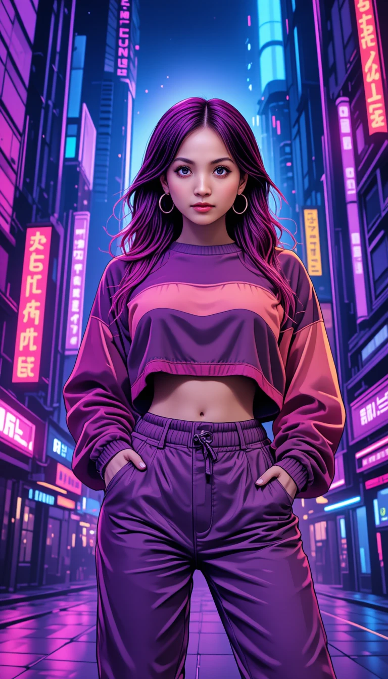 Mulher confiante de cabelo rosa em cidade futurista neon