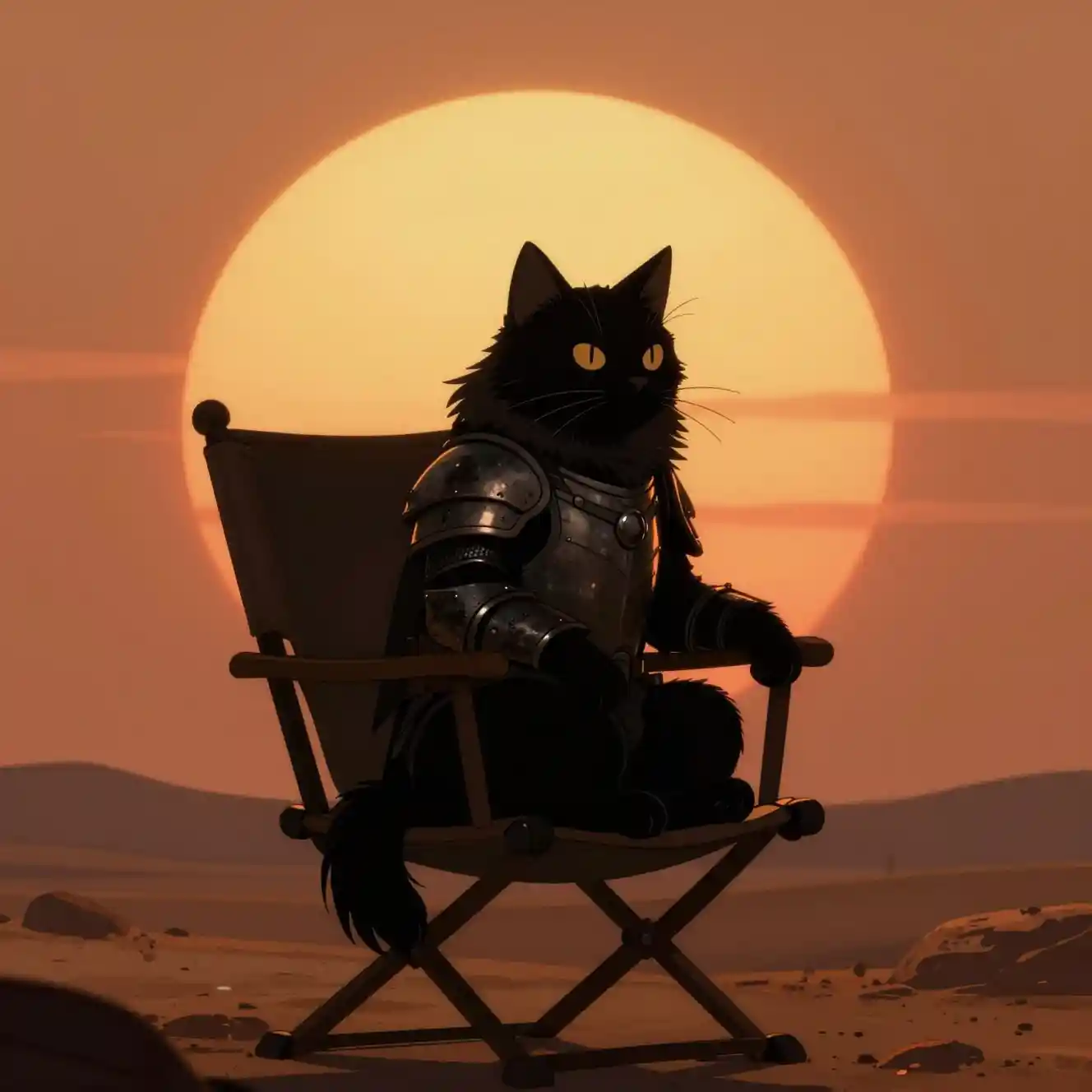 Gepanzerte Anime-Katze ruht auf einem Stuhl bei Sonnenuntergang