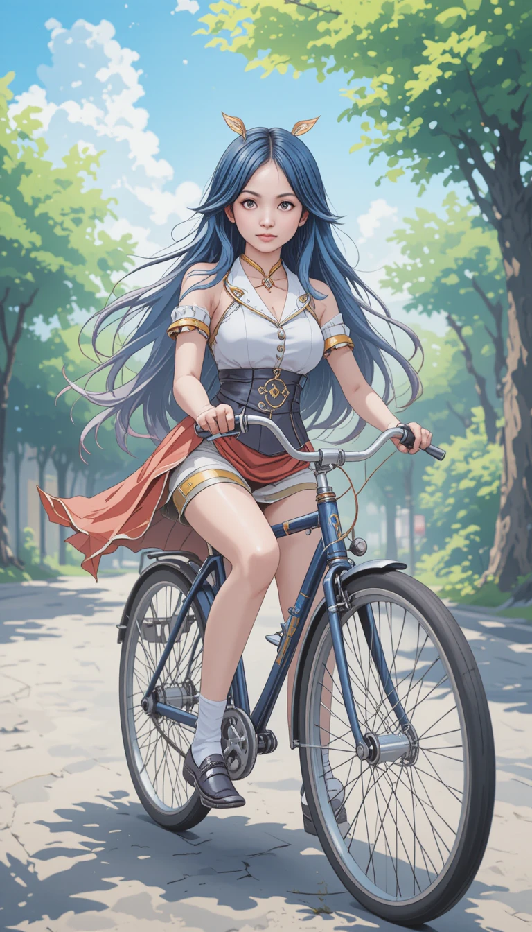 Personagem de anime andando de bicicleta em ilustração estilo cosplay