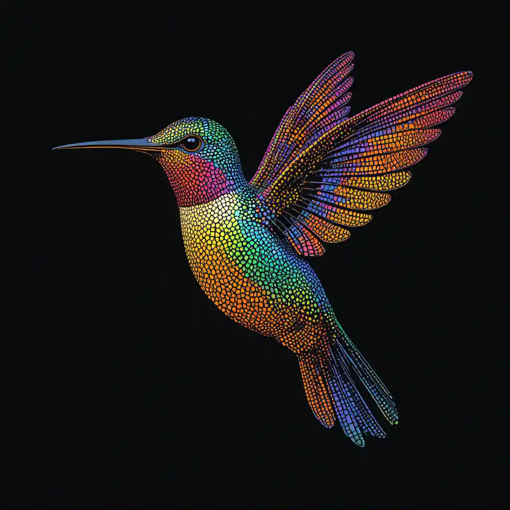 Colorful dot art hummingbird on a deep black background