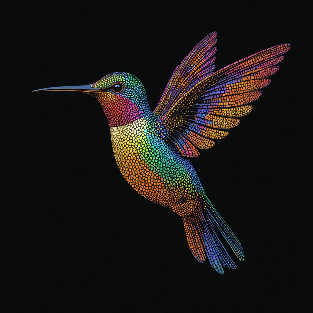 Beija-flor em arte de pontos coloridos sobre fundo preto profundo