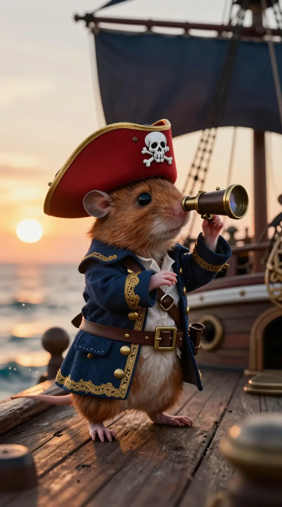 Winziger Piratenmaus-Kapitän auf einem Schiffsdeck im Sonnenuntergang