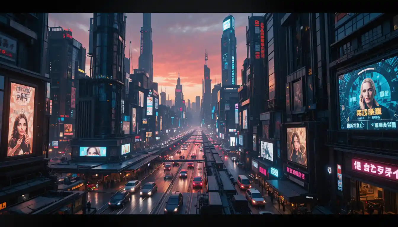 Skyline futuriste de ville néon au crépuscule vu d’en haut