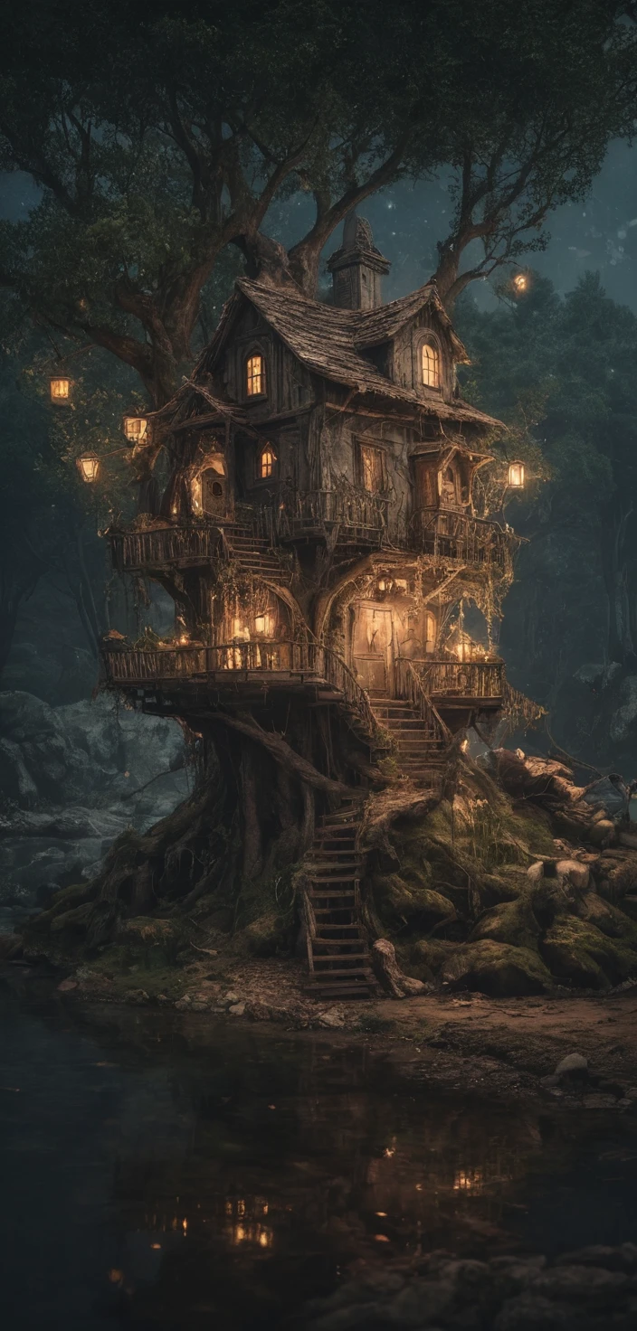 夜河旁閃耀的夢幻幻想樹屋