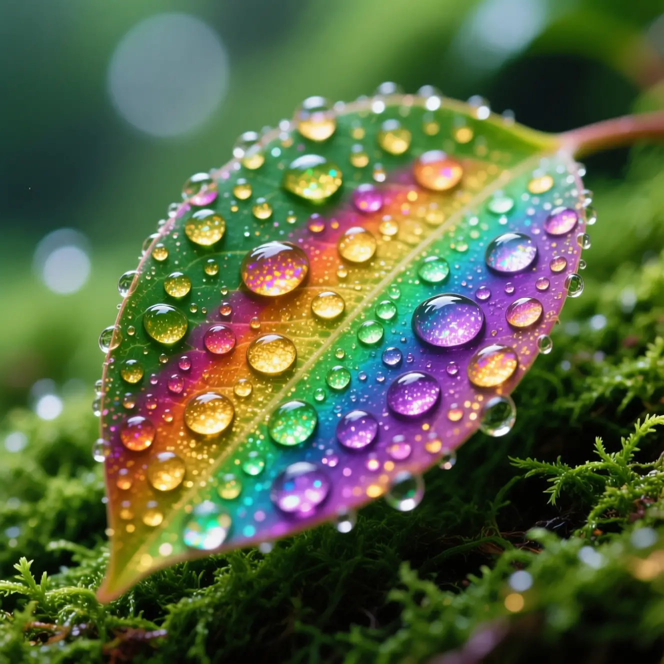 Foglia colorata con gocce di pioggia scintillanti su muschio verde