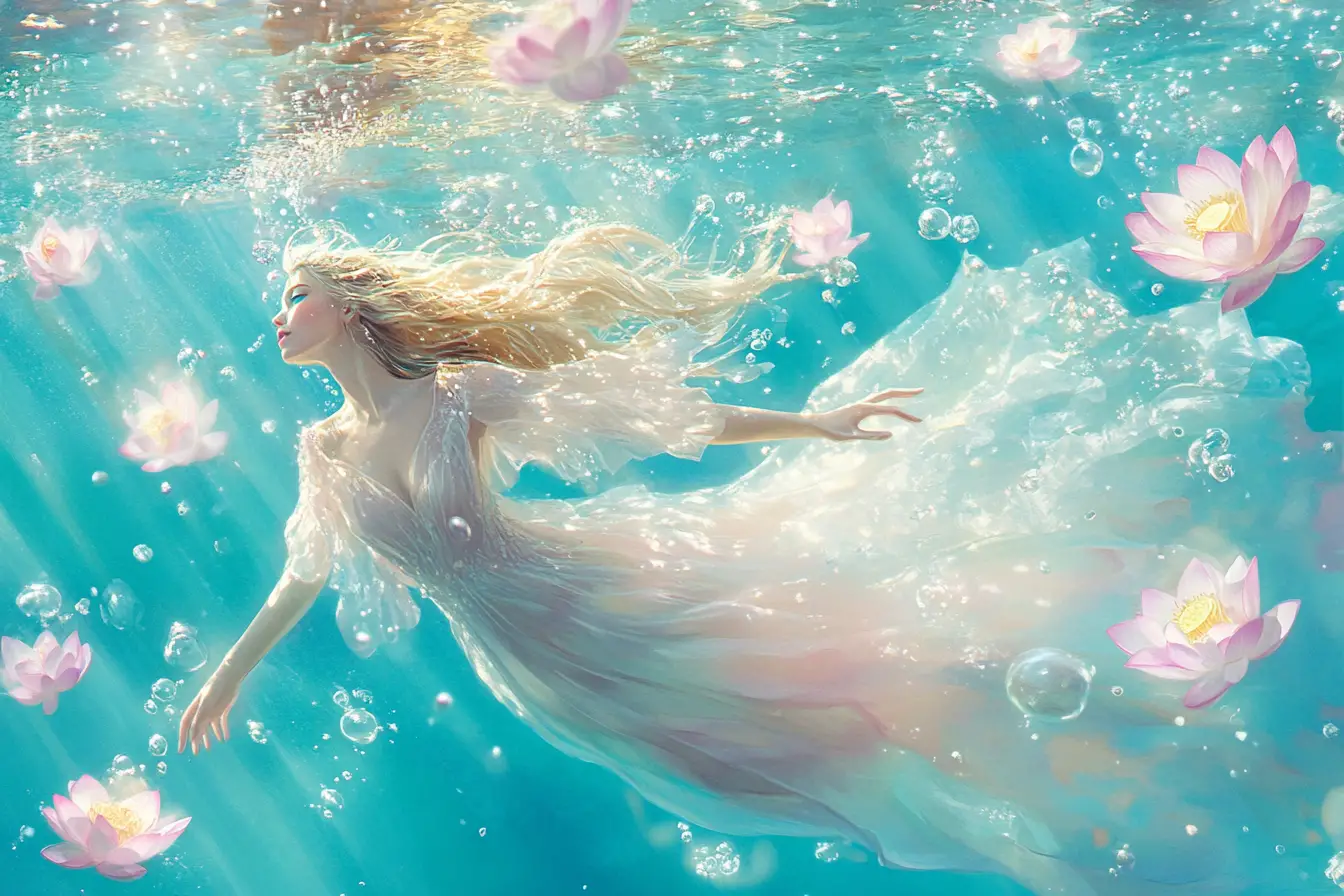 Ätherische Frau, die unter Wasser zwischen leuchtenden Lotusblüten schwimmt