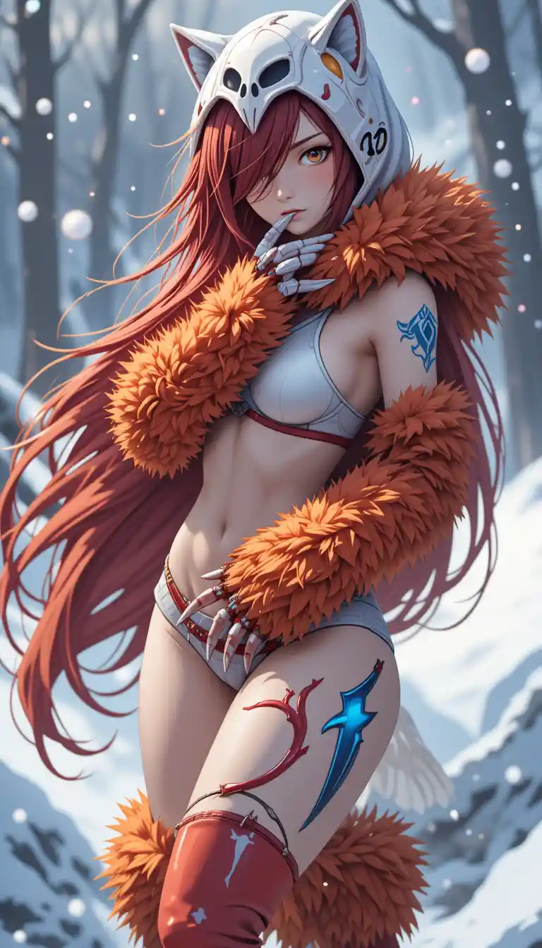 Guerriera lupo in stile anime con capelli cremisi nella neve