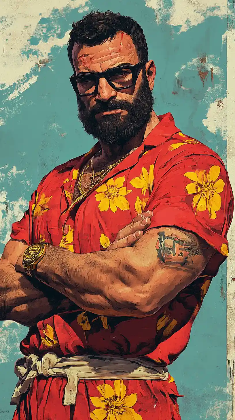Guerriero greco in posa di combattimento con moderna camicia rossa floreale