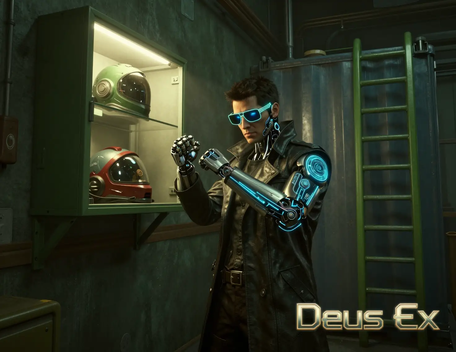 Cyberpunk detective with neon augments in industrial room