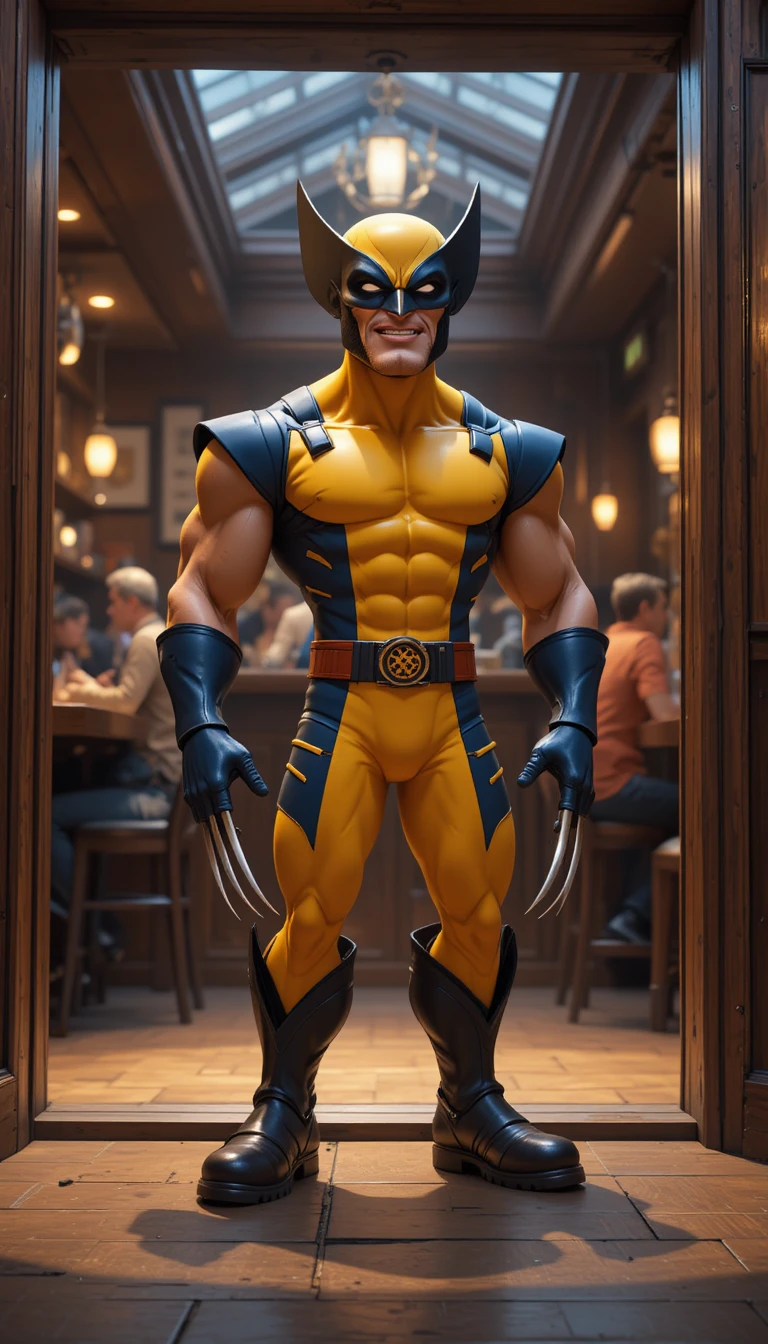Super-herói em traje clássico entrando em um animado bar de madeira