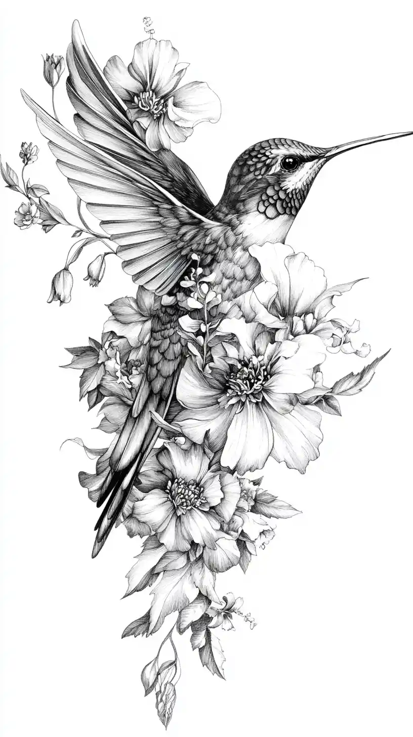 Intricate ink hummingbird formed from delicate floral elements