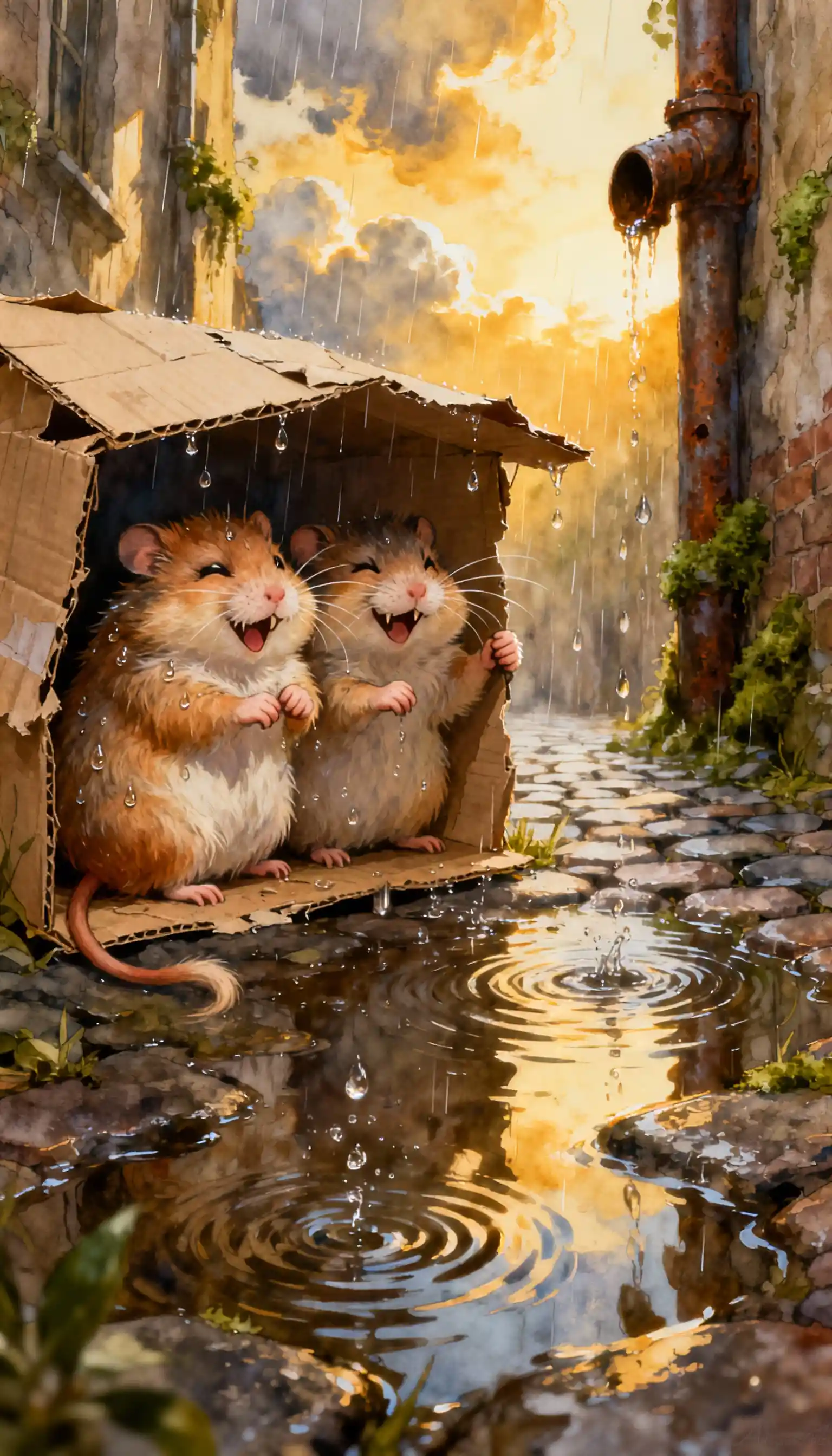Two joyful hamsters sheltering from rain in sunny alleyway