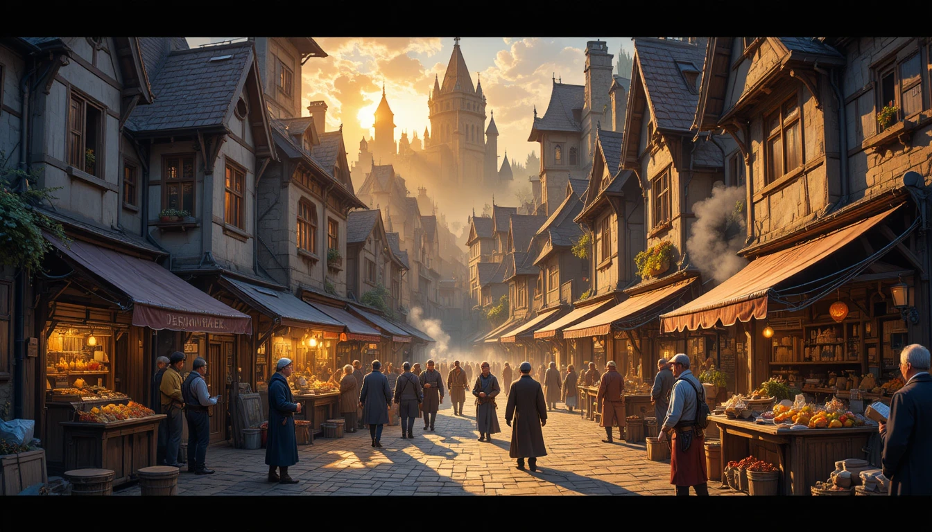 Accogliente piazza di un villaggio fantasy all’ora d’oro con mercanti indaffarati
