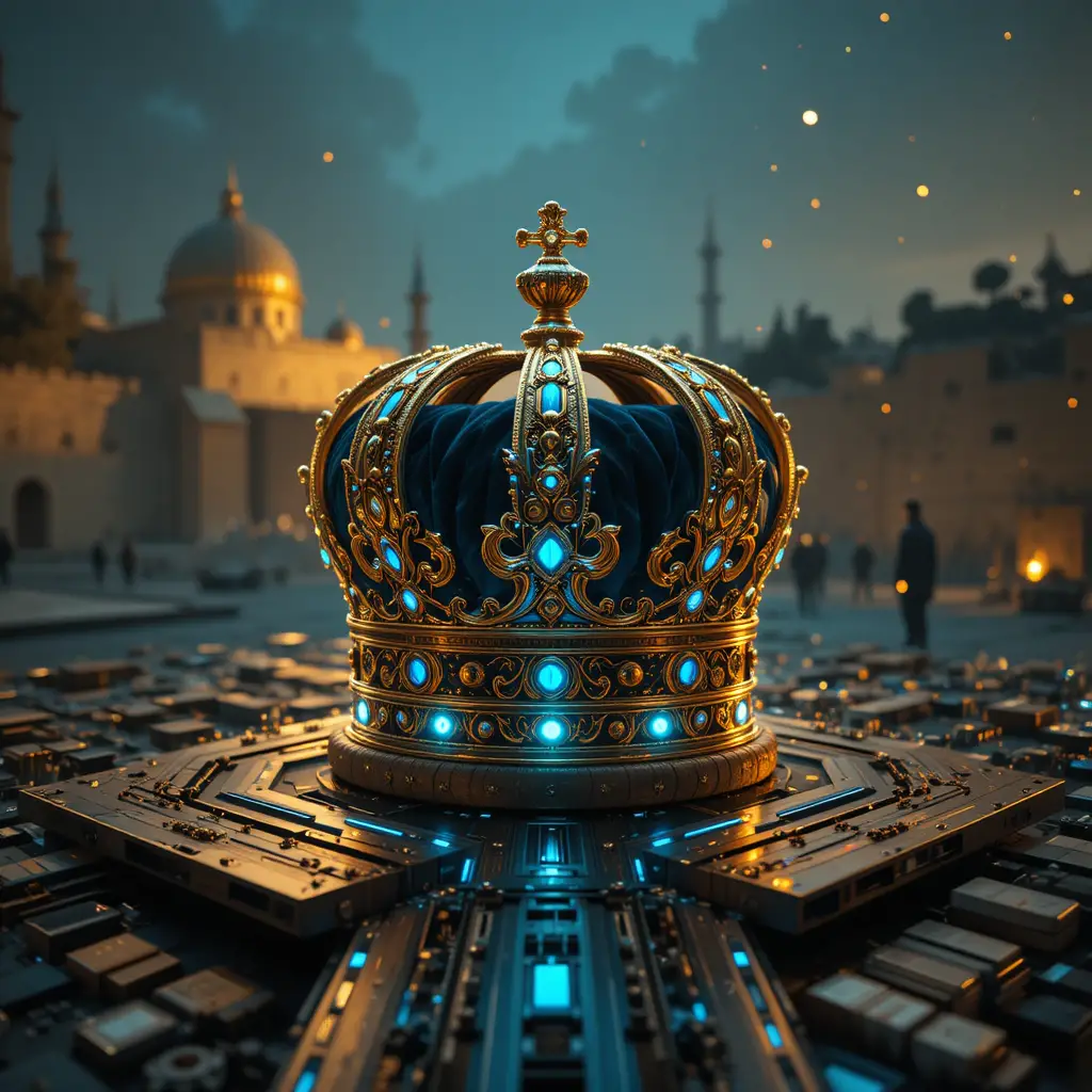Couronne cyber majestueuse reposant sur une carte mère futuriste