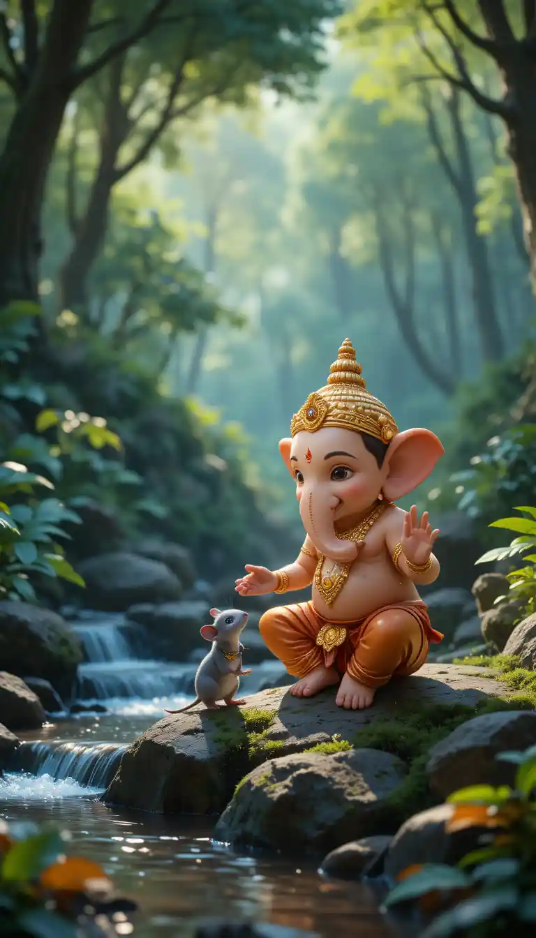 Young ganesha with mouse in a glowing forest scene