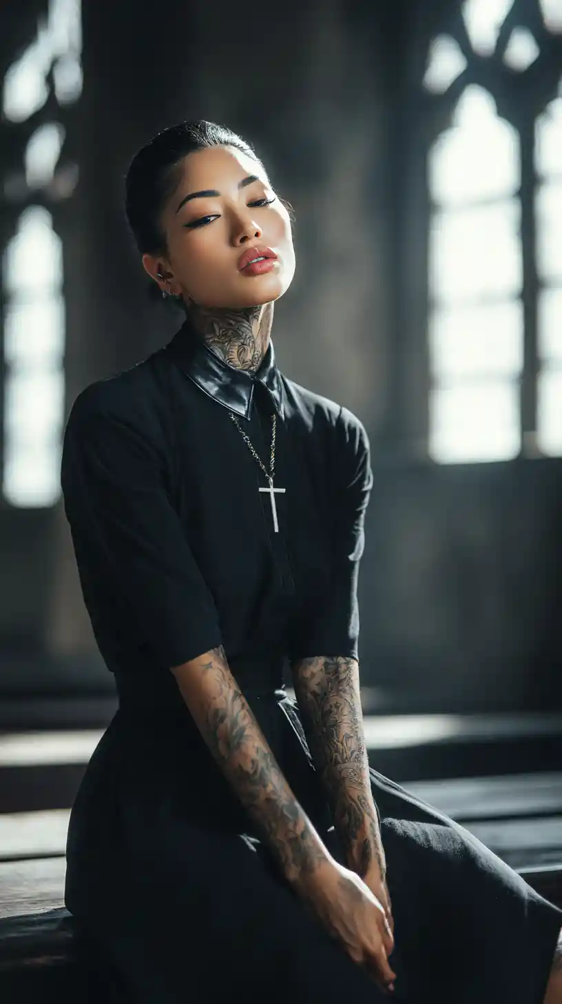 Tattooed woman in black dress sitting alone in church