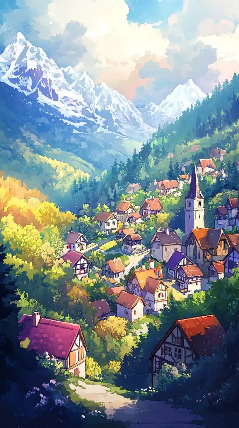 Village d’Animaux Fantaisiste dans un Paysage Médiéval d’Anime