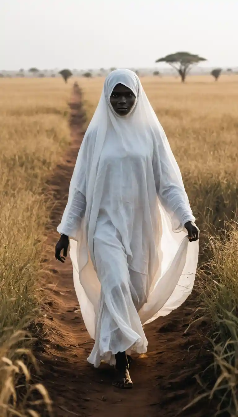 Donna eterea in bianco che cammina tra luminosi campi africani