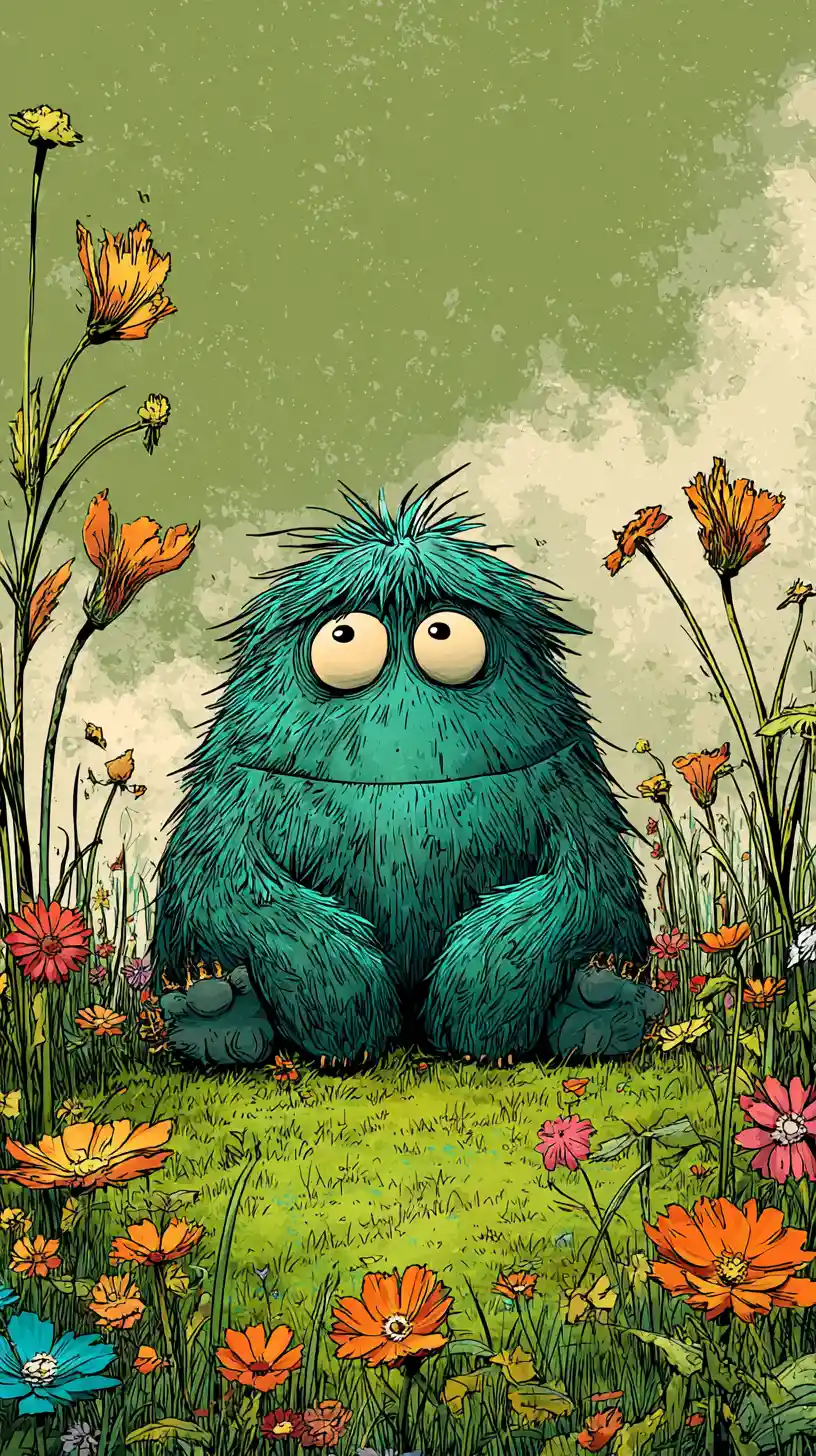 Cute chubby monster sitting in a colorful flower meadow