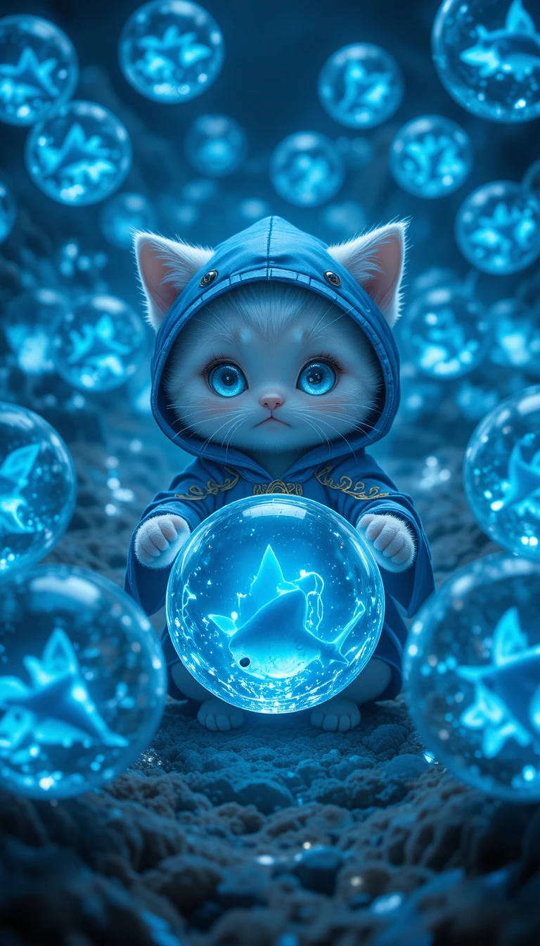 Gatinho mago rechonchudo de anime em uma praia de orbes de tubarão à meia-noite