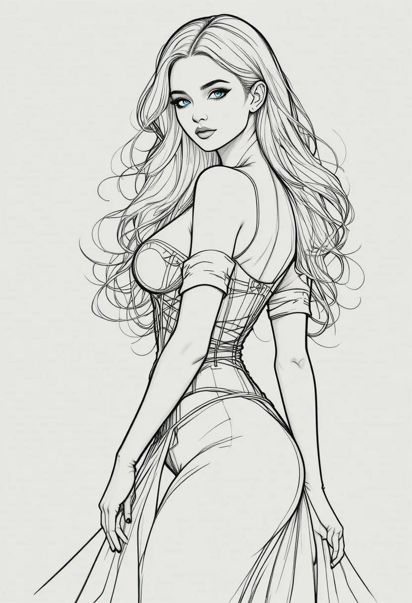 Disegno a linee di una donna elegante con corsetto e gonna fluida
