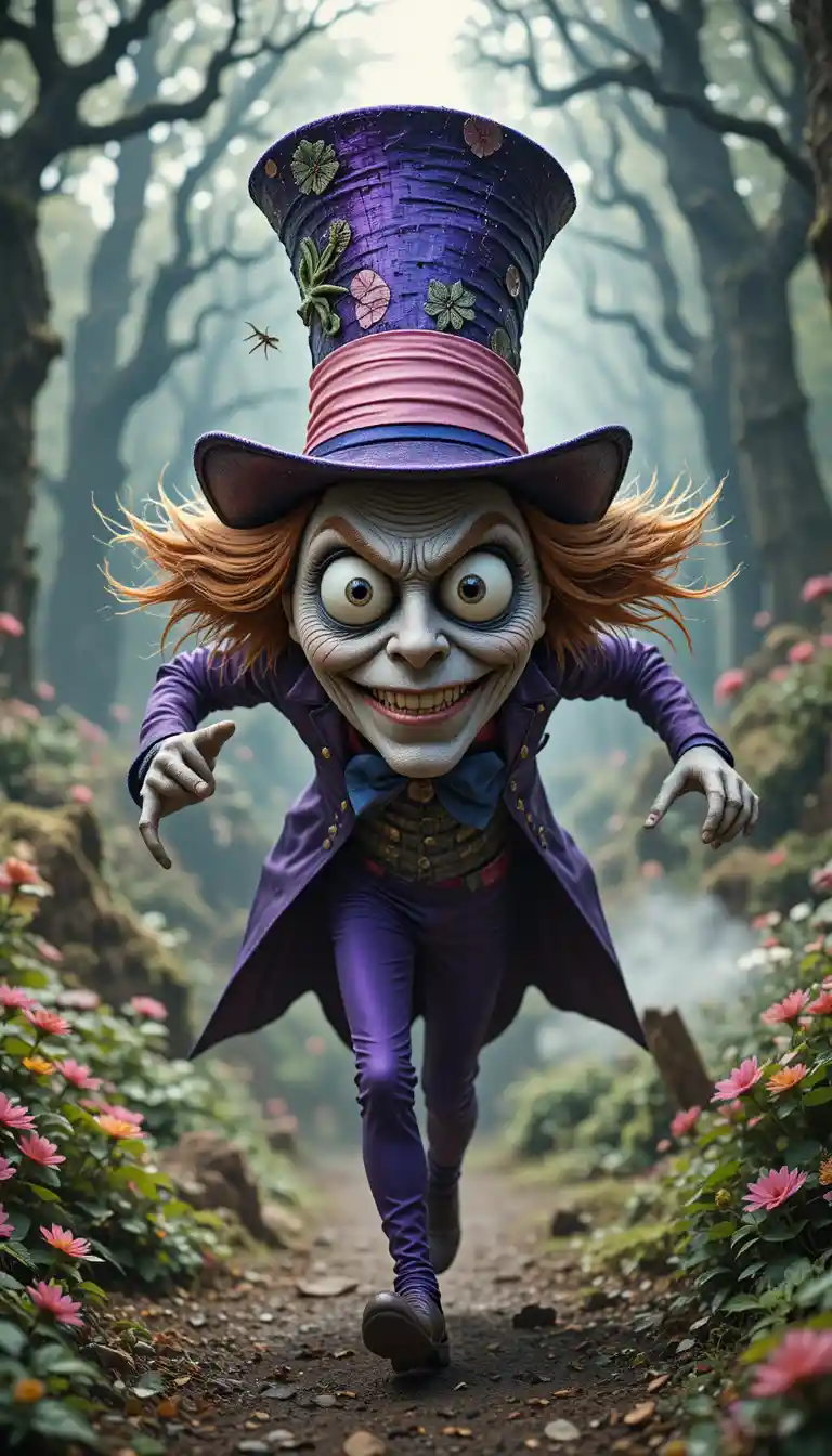 Cappellaio Matto che insegue Alice in uno strano Paese delle Meraviglie viola