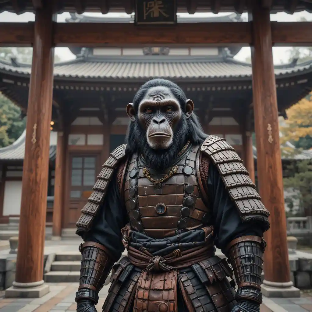Samurai chimpanzee guarding an ancient Japanese temple entrance