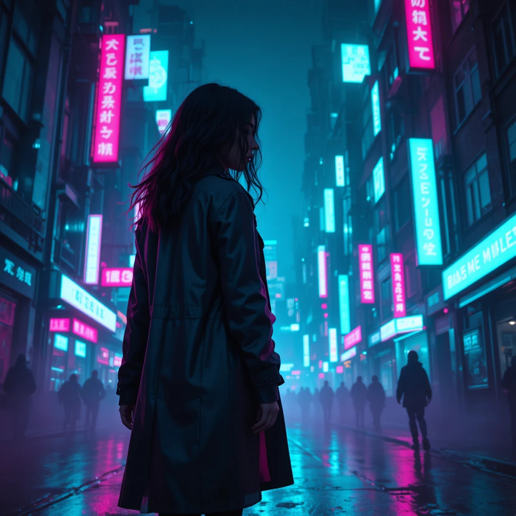 Mulher Misteriosa de Trench Coat Sob as Luzes de Néon da Cidade