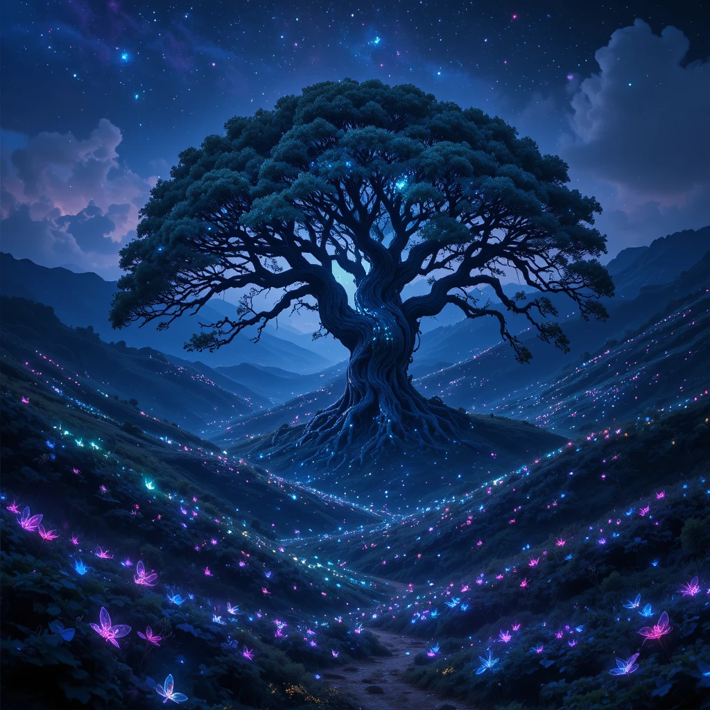 Árvore antiga brilhando com insetos bioluminescentes em um vale