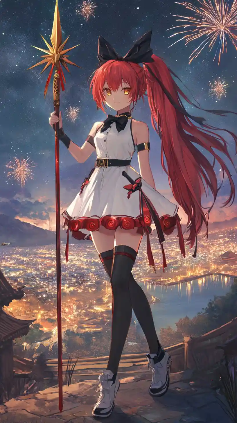 Anime-Mädchen mit Speer überblickt Feuerwerk am Tempel