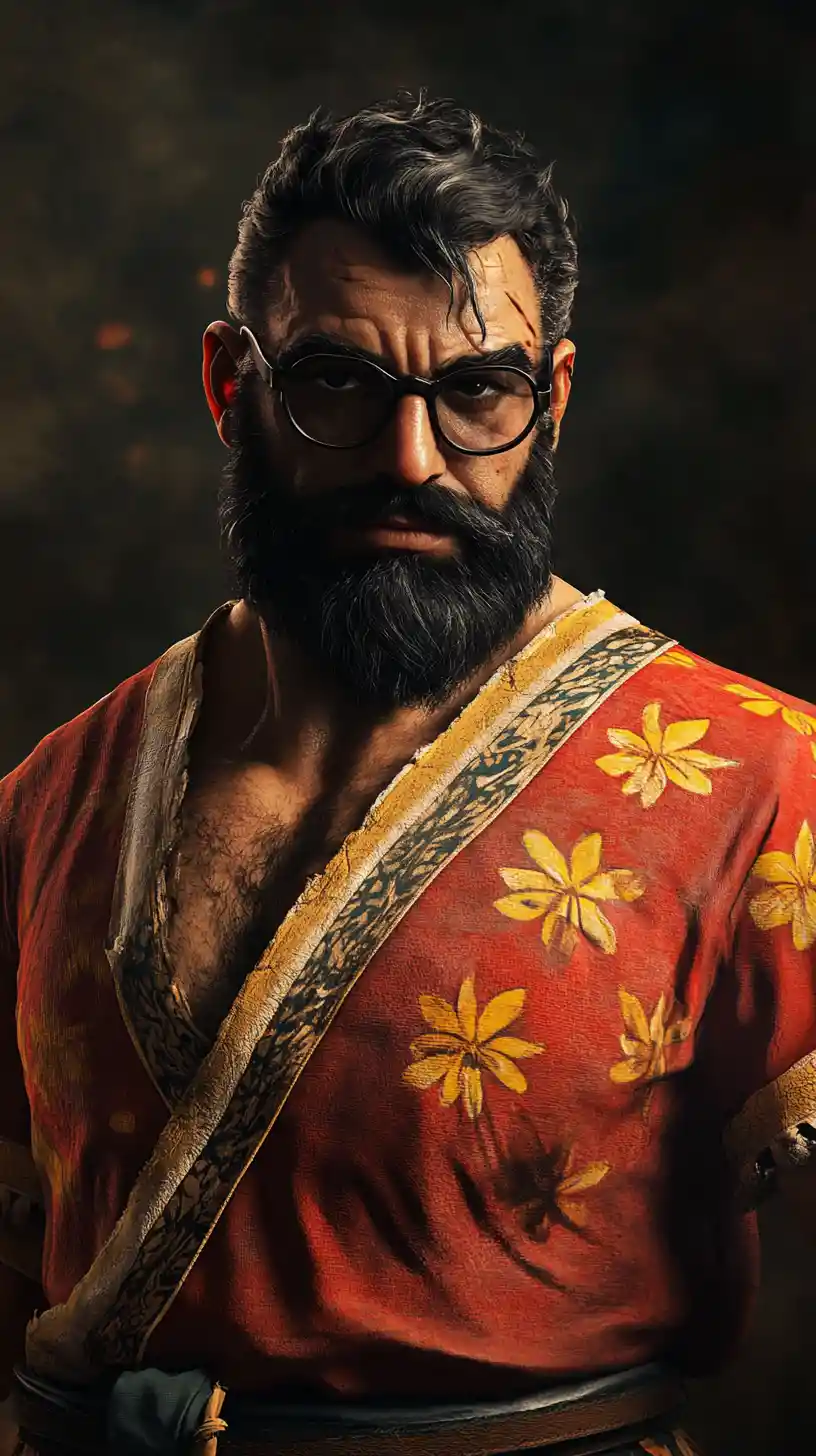 Bearded Greek warrior in red floral shirt battle stance