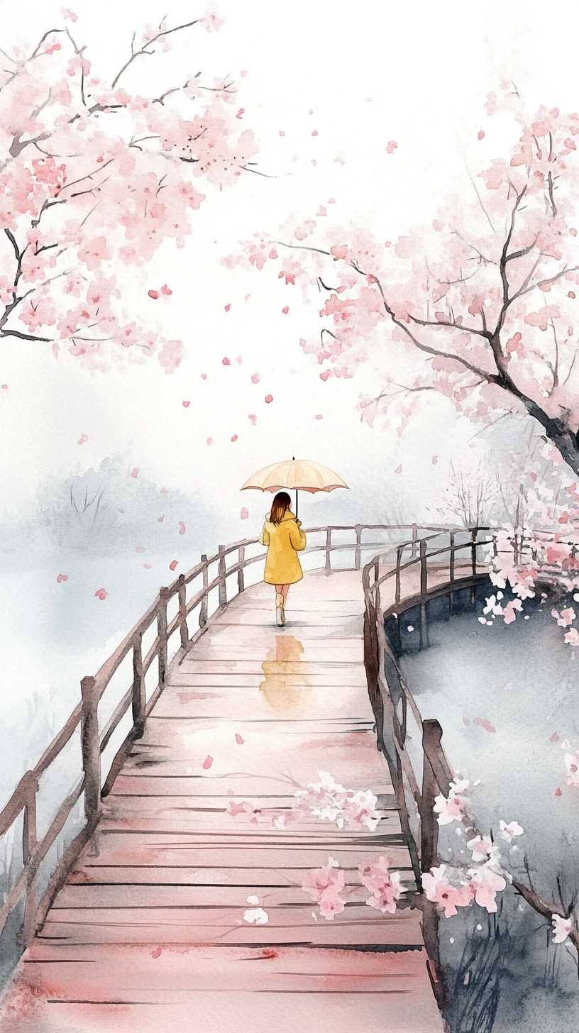 Girl on blossom covered bridge over misty watercolor lake