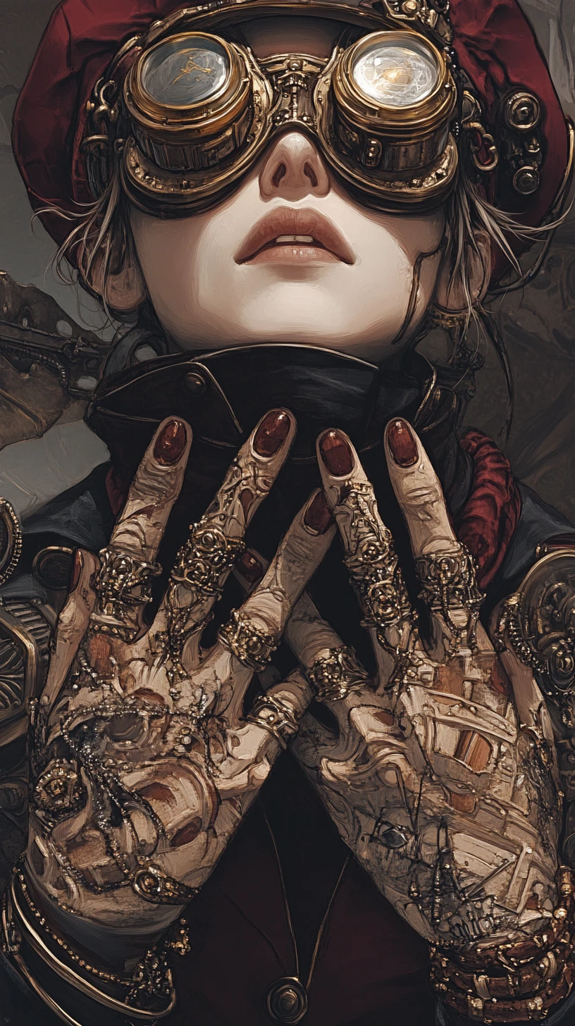 Androgynous steampunk woman in goggles with melancholic gaze