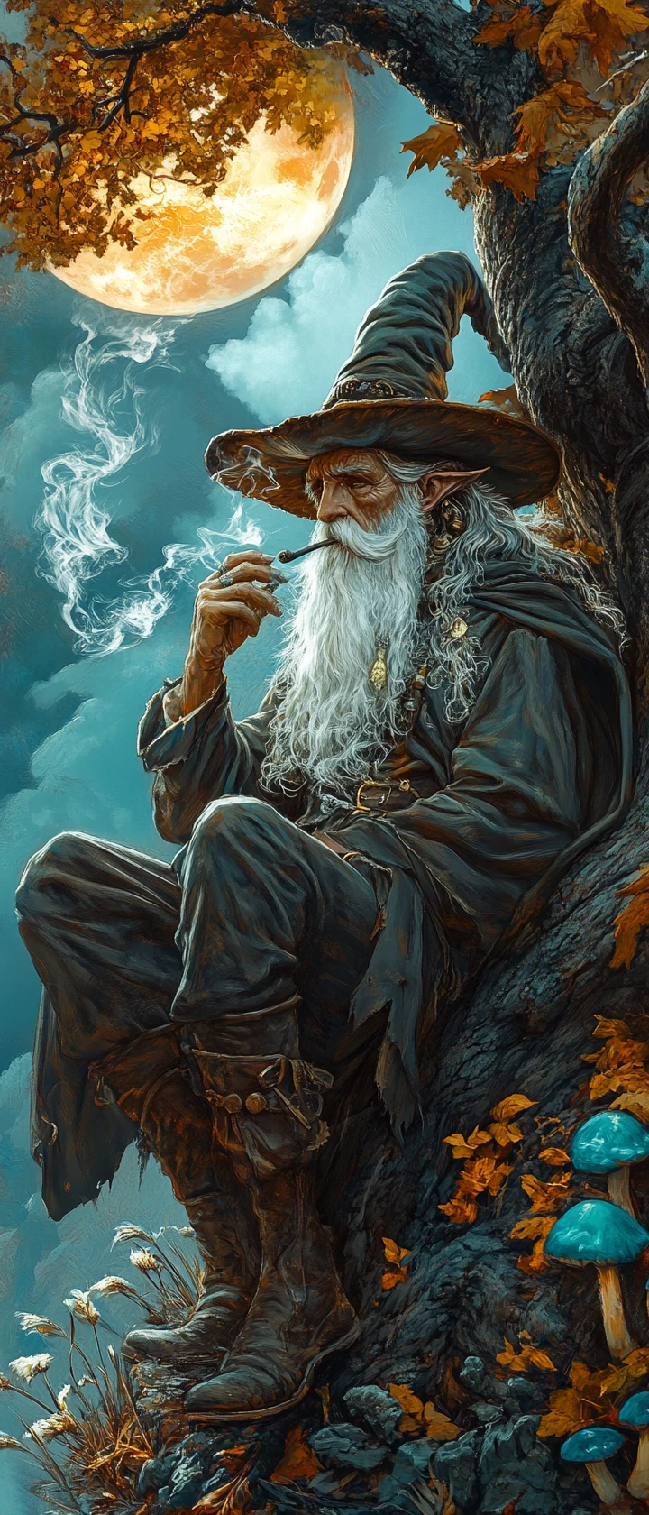 Velho mago fumando sob uma árvore retorcida ao anoitecer