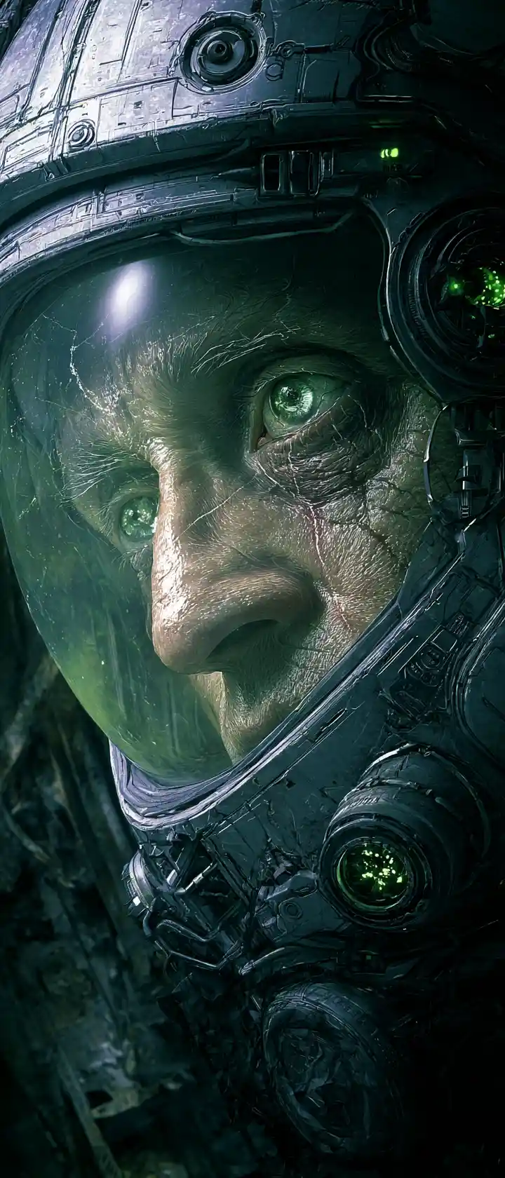 Fallen pilot staring at his reflection in a cracked visor