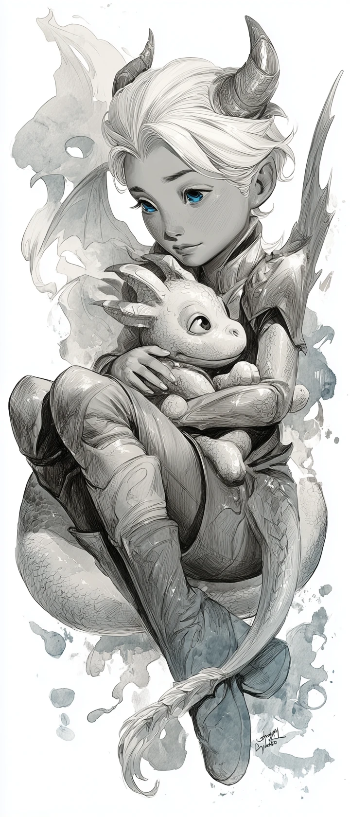 Girl in dragon armor hugging a small baby dragon