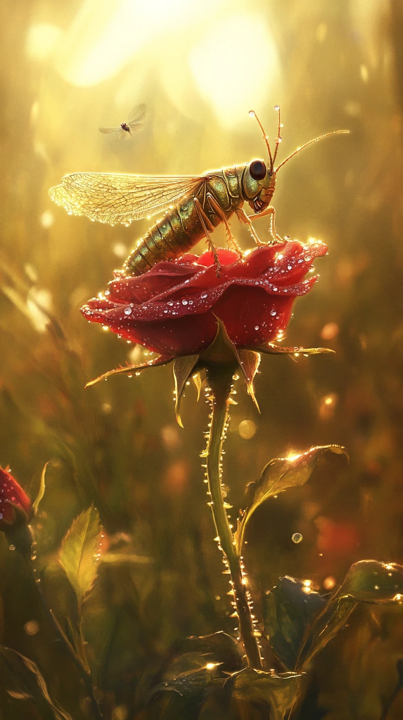 Saltamontes descansando sobre rosa roja cubierta de rocío al atardecer
