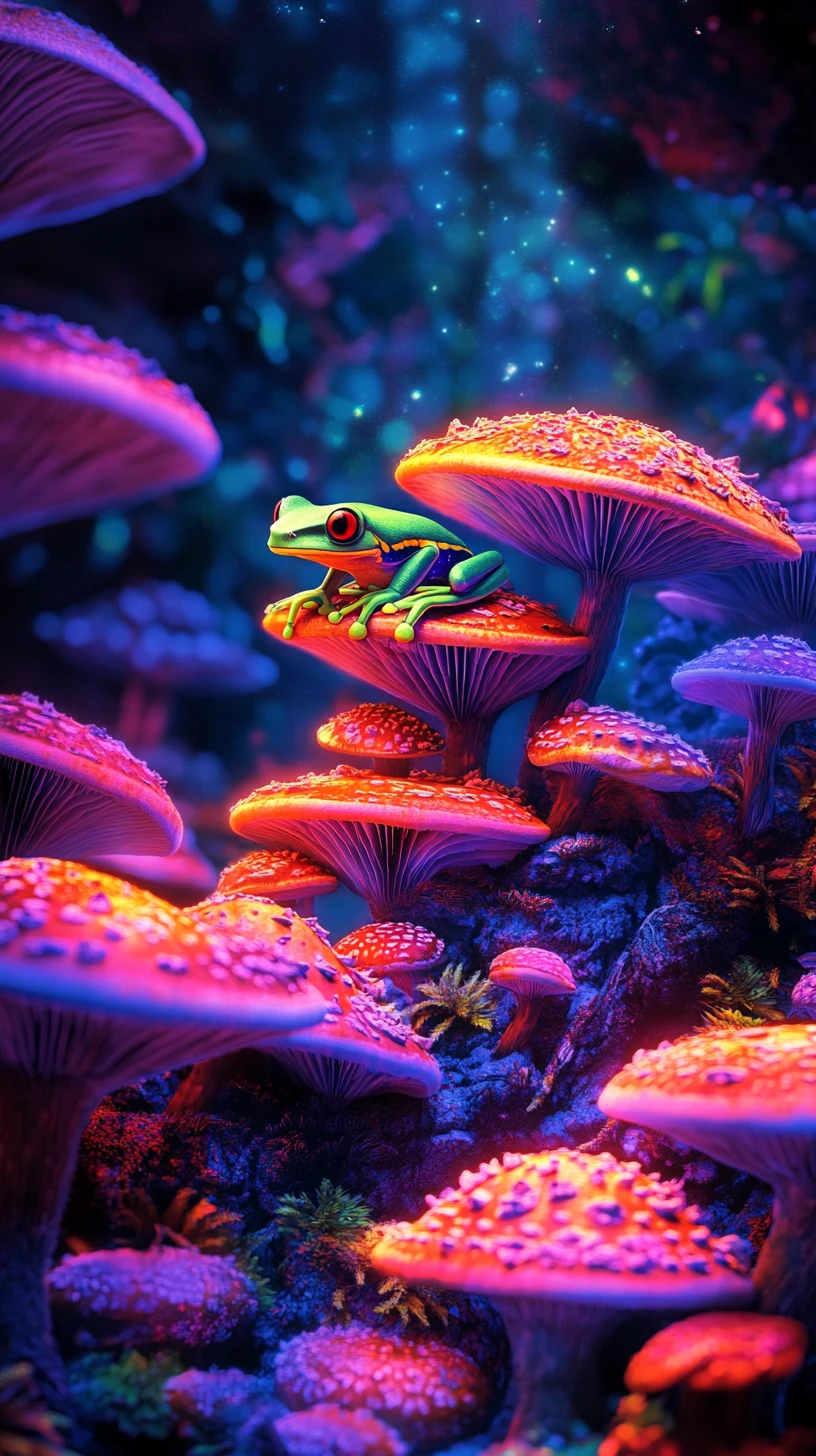 Sapo‑flecha surreal em uma floresta de cogumelos luminosos