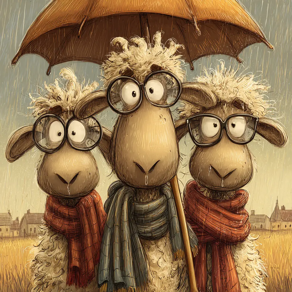 Drei skurrile Schafe unter einem Regenschirm im Regen