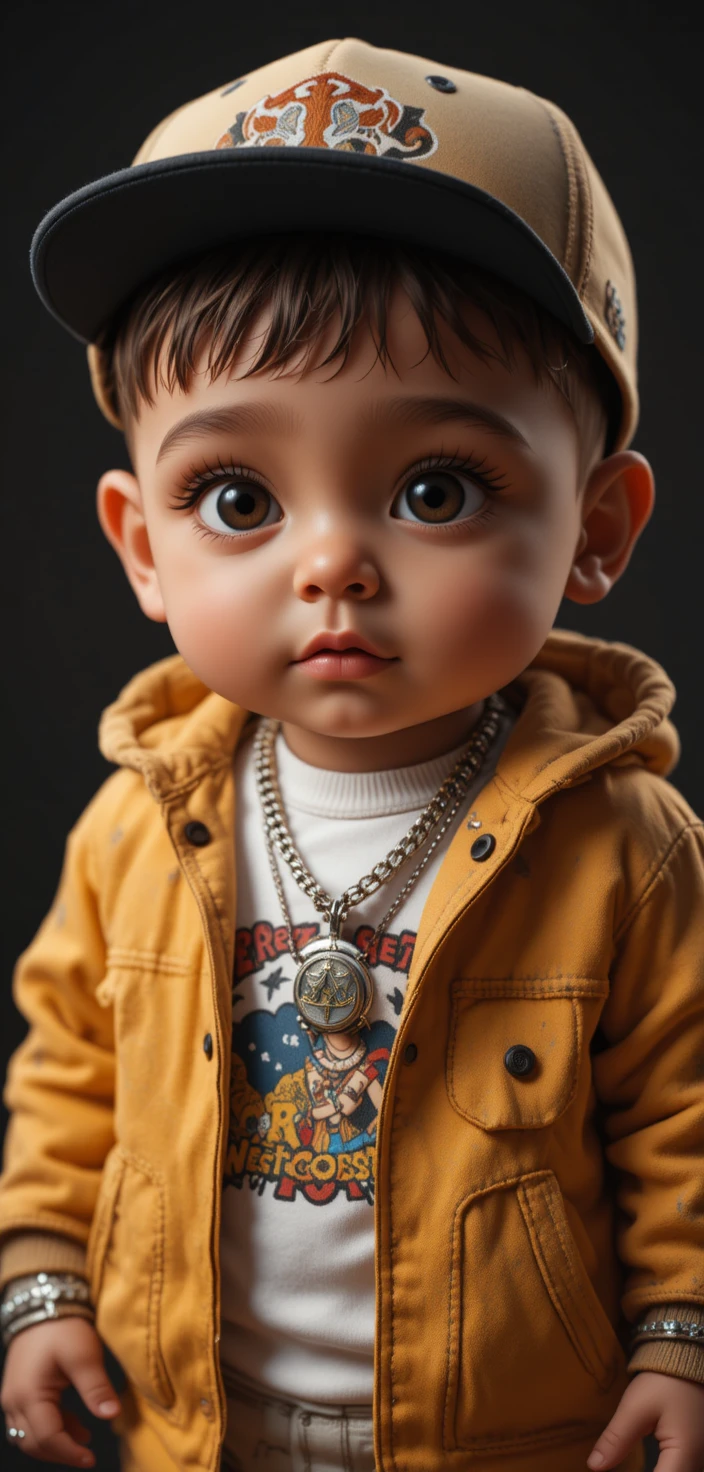 Bebê em roupa de hip hop em retrato de estúdio estilizado