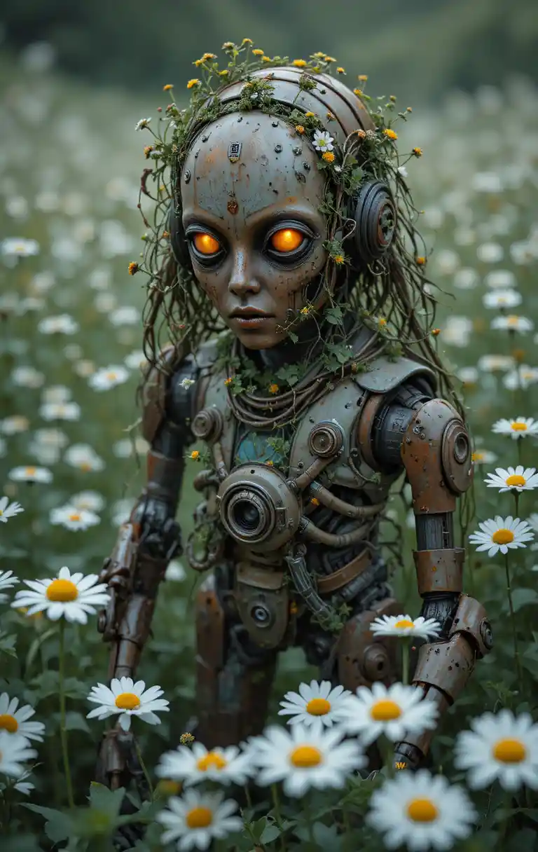 Robot humanoide oxidado descansando en un campo salvaje de margaritas